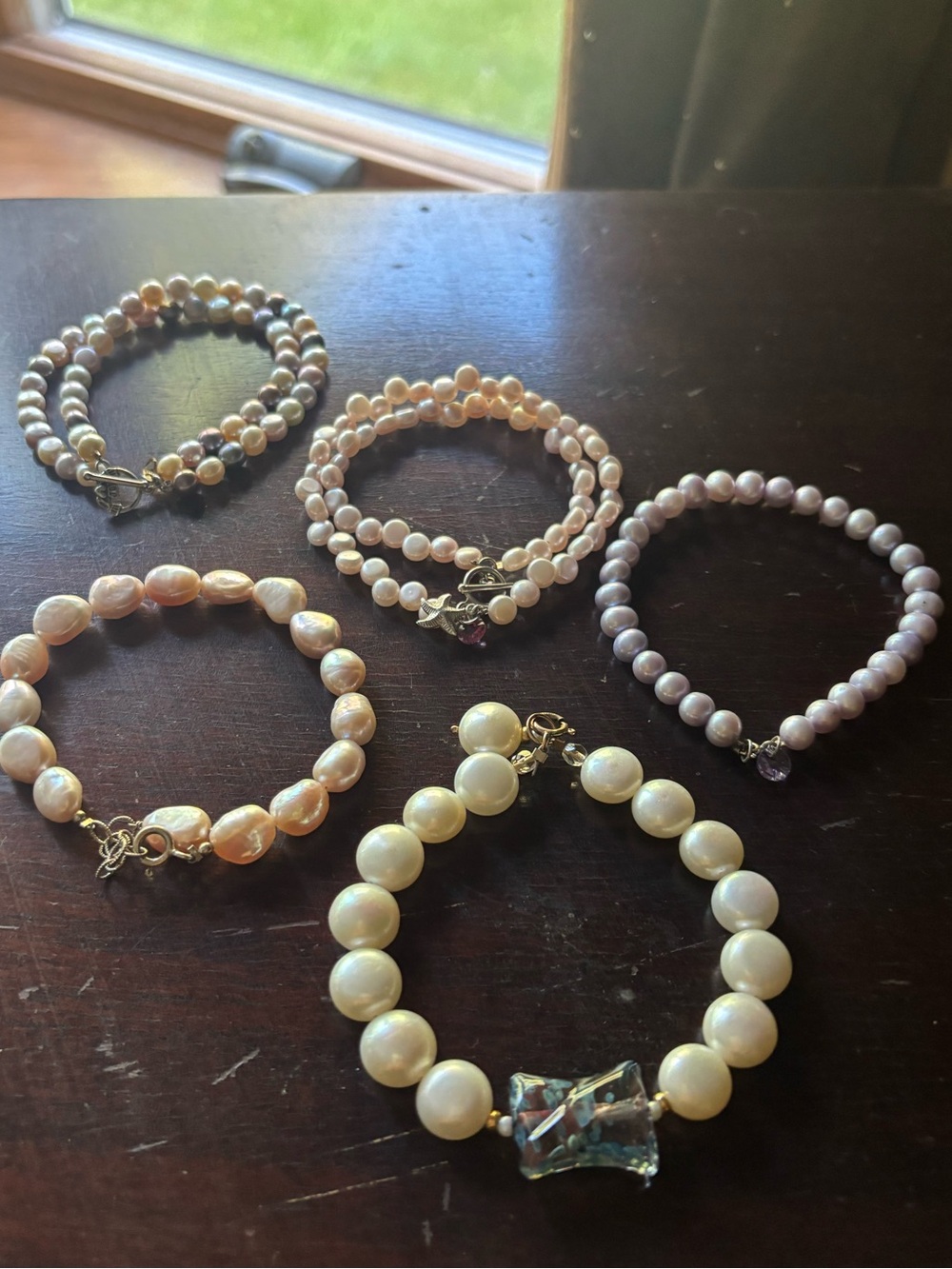 5 Freshwater Pearl Bead Bracelet Set - Pink and Cream